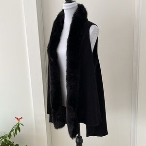 JOSEPH RIBKOFF Black Long Sleeveless Vest Faux Fur Trim Elegant Day to Night
